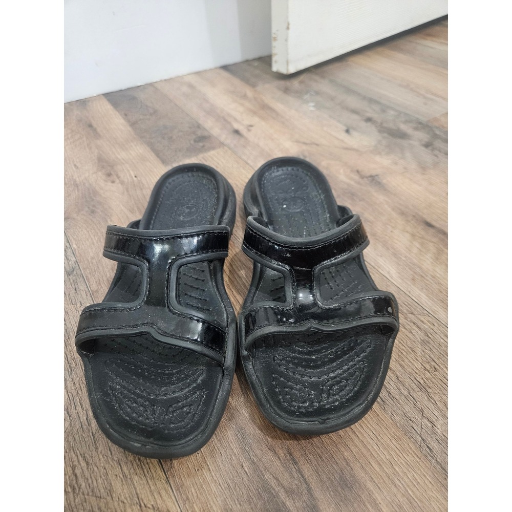 Crocs Cleo Black Glossy Double Strap Slide Sandals Womens Size 7